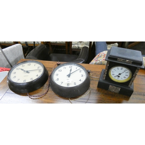 110 - Two Gent's of Leicester circular Bakelite electric wall clocks and a black marble clock