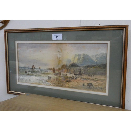 12 - Small framed watercolour of a shore scene with figures in boats, signed L Lewis