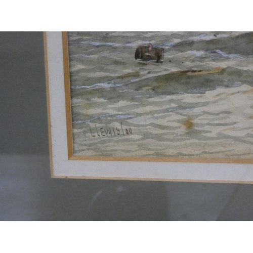 12 - Small framed watercolour of a shore scene with figures in boats, signed L Lewis