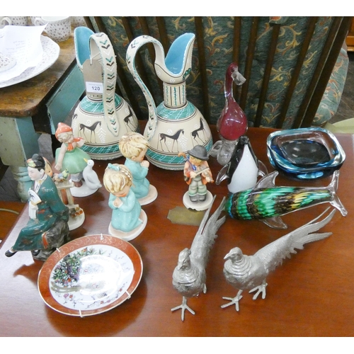 120 - Pair of plated pheasant ornaments, Hummel and other figures, pair of pottery jugs, glass birds, fish... 