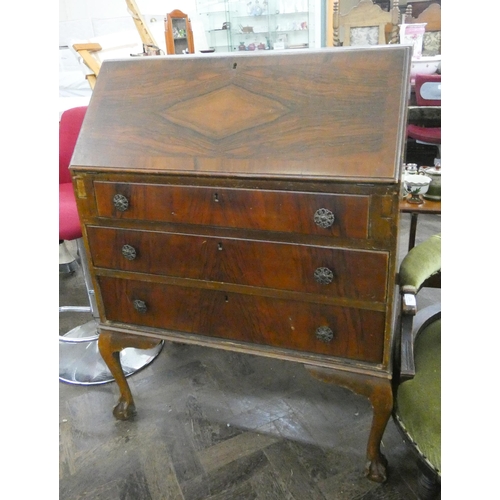 126 - A walnut bureau with three drawers under standing on claw and ball feet , 2'6 wide