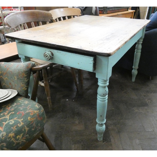 129 - A late Victorian painted kitchen table with Deal top, fitted with drawer