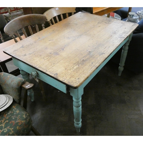 129 - A late Victorian painted kitchen table with Deal top, fitted with drawer