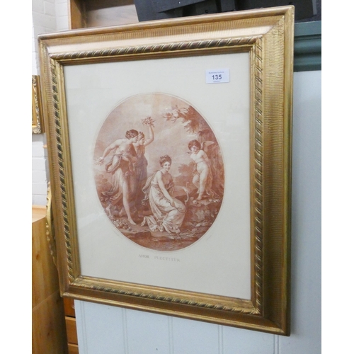 135 - A gilt framed Bartolozzi sepia print by Angelica Kauffman, entitled Amor Plectitur