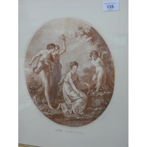 135 - A gilt framed Bartolozzi sepia print by Angelica Kauffman, entitled Amor Plectitur