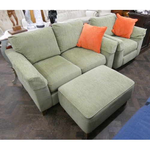 141 - A two seater settee in green covering with one matching easy chair and pouffe