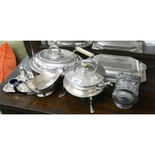 143 - Plated spirit kettle, two plated entrée dishes, sauce boat, condiments etc