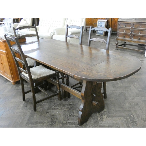 146 - An oval oak refectory style dining table and six matching ladder back chairs, four standards, two ca... 