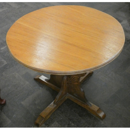 152 - A circular oak occasional or bar table on oak pillar base