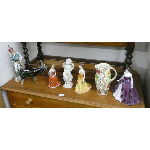 16 - Royal Worcester lady figure, Royal Doulton lady figure, glass and other ornaments