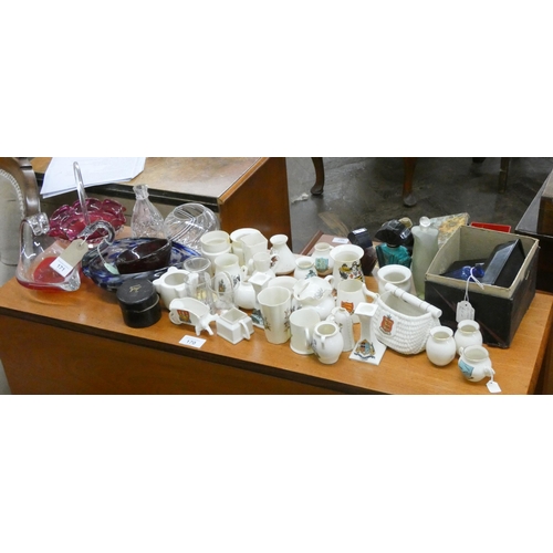 171 - Assorted Goss and other crested china, coloured glass ware knife sharpener etc