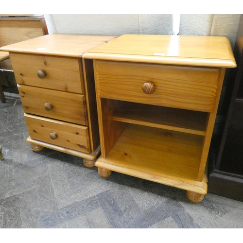 175 - A pine three drawer bedside chest and a two tier bedside table