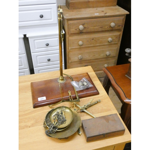 184 - Brass balance scales and a set of small jewellers scales with weights