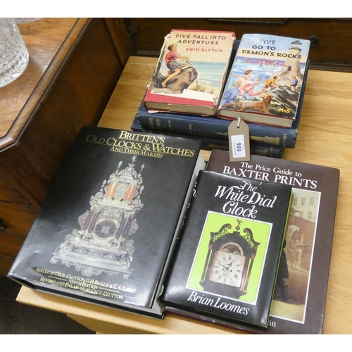 186 - Two books on clocks, another on Baxter prints, two Enid Blyton books and two volumes 'Wonderful Lond... 