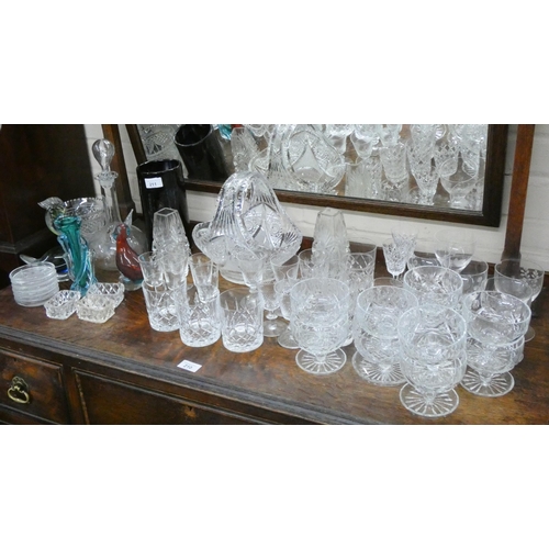 211 - Assorted cut and other wine glasses, flower basket, decanter, coloured glass etc