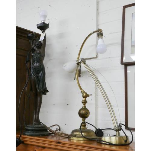 223 - Lady figure table lamp and two brass angle poise lamps