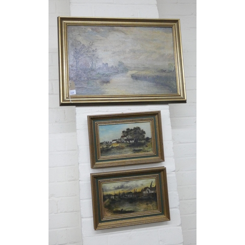 225 - Oil painting of a country river scene and a pair of oil paintings of fishing scenes