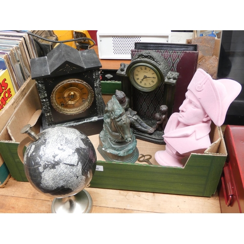 280 - A small globe, marble clock, one other clock, horse figure ornament, humorous postcards etc