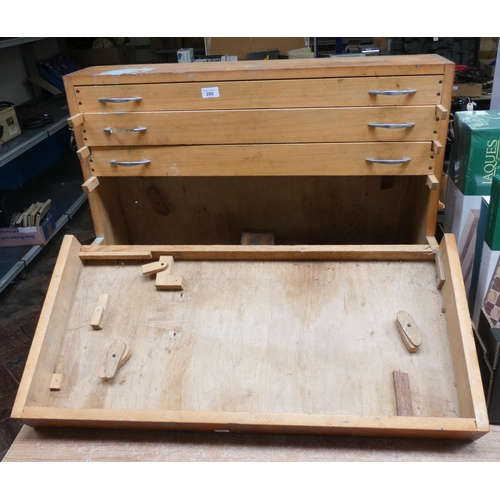 288 - A large carpenters tool box containing a quantity of old tools, hammers, some planes, chisels etc