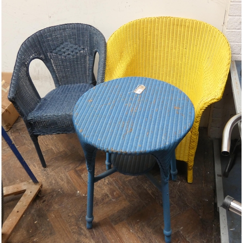 295 - A blue circular Lloyd Loom style table and chair and a yellow Lloyd Loom style chair