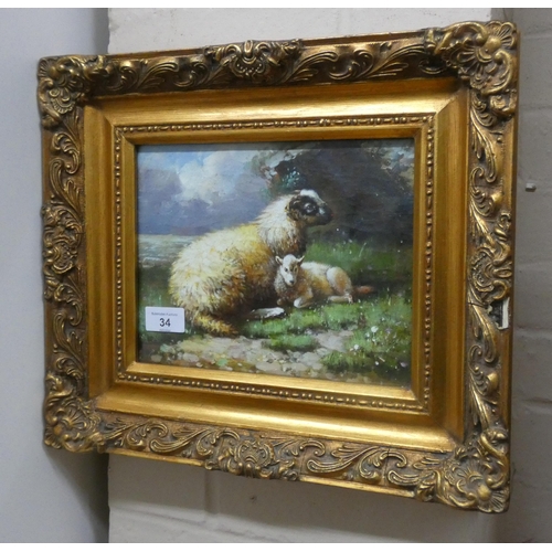 34 - Victorian style gilt framed picture of sheep