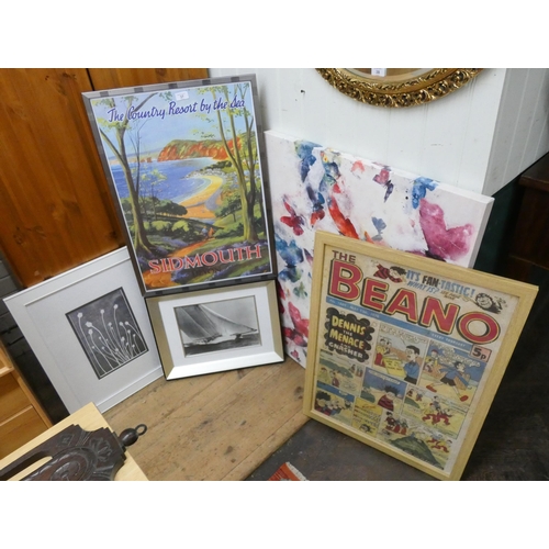 37 - A Beano comic picture, Sidmouth advertising print, modern screen print and two other prints