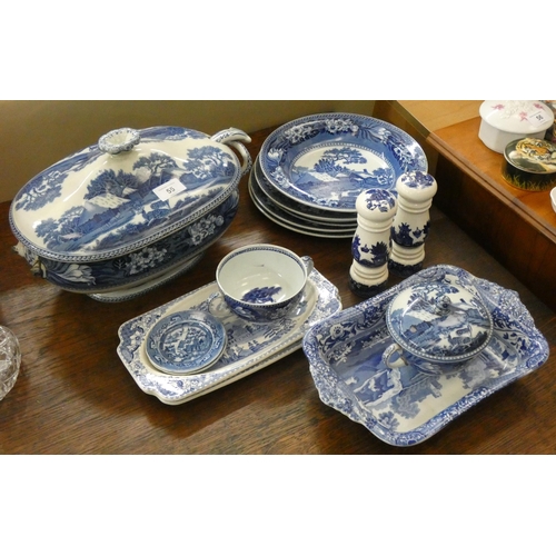 55 - Six various blue and white plates, tureens, dishes, salt and peppers etc