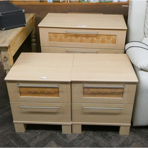 64 - A modern light beech finished chest of three long drawers, 2'8 wide and a pair of matching two drawe... 