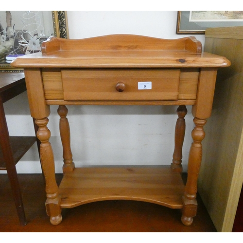 9 - A small pine two tier side table with tray top, fitted drawer