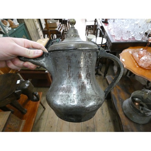 88 - A copper elephants foot bowl, Turkish coffee pot and three small copper saucepans