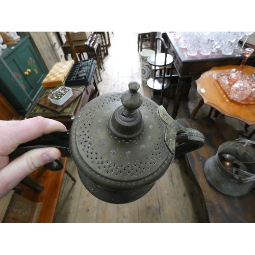 88 - A copper elephants foot bowl, Turkish coffee pot and three small copper saucepans