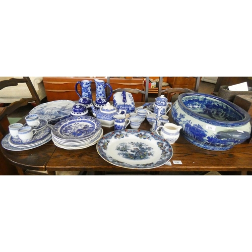 232 - A blue and white foot bath, plaque, assorted blue and white plates, ginger jars and other assorted b... 