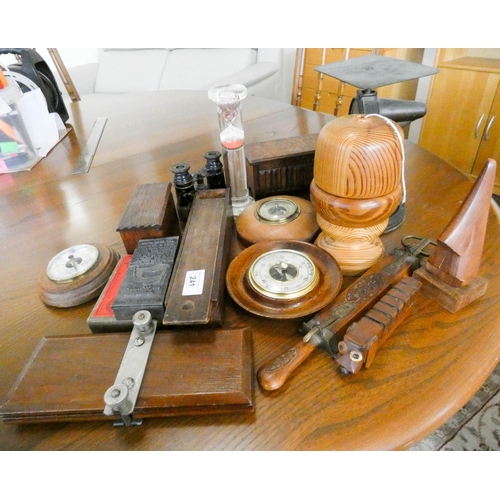 241 - Three small barometers, assorted scales, dominoes and other assorted wooden items etc