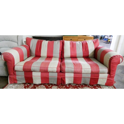 247 - A Duresta three or four seater settee in red, taupe and cream striped linen material