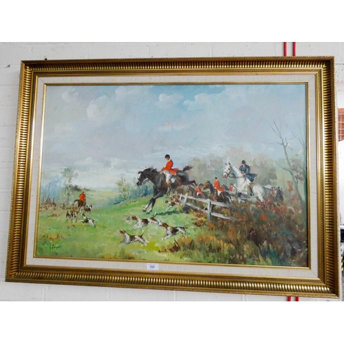 255 - A modern gilt framed oil painting of a fox hunting scene signed F Falquet, approximately 2' X 3'