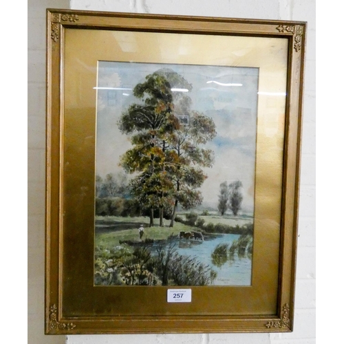 257 - A pair of gilt framed watercolours of country scenes signed F Pursford, 1927, frames 50cms x 39.5cms