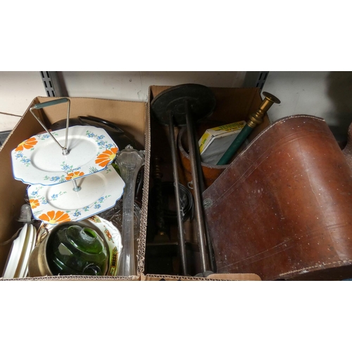 365 - A quantity of glass, china, sandwich plate, old leather carrying case, brass and copper etc