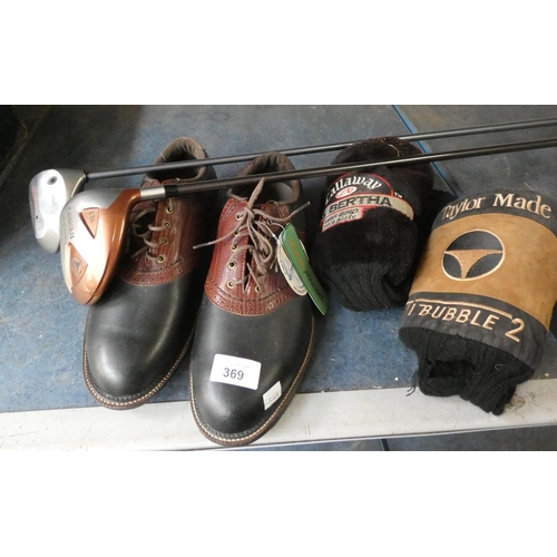 369 - A pair of unused Ortholite golf shoes (size 9 1/2) and two old metal woods