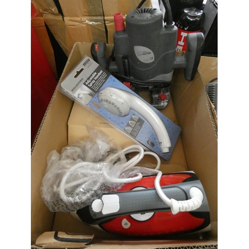 379 - An unused Russell Hobbs steam iron, doorbell set, router, shower spray