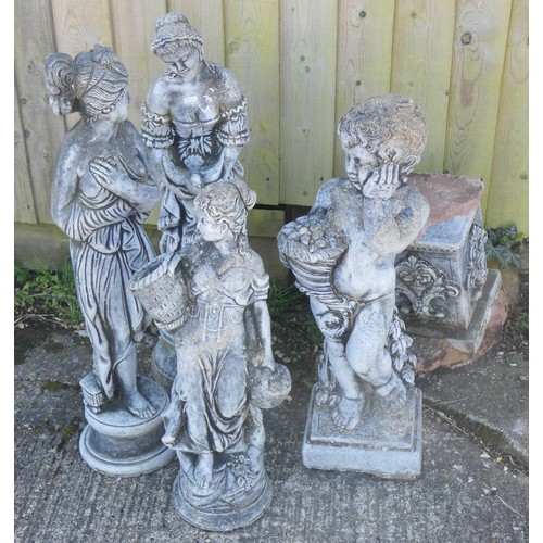 431 - Four various decorative stone garden figures to include lady with bird, lady carrying water jug etc