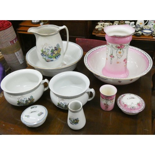 78 - A six piece matching toilet set and another pink toilet jug/bowl, soap dish and tumbler