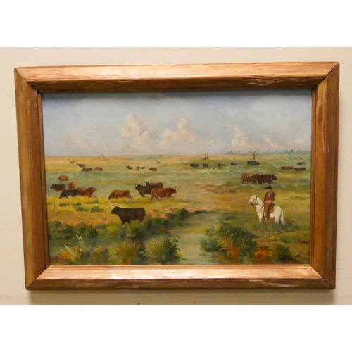 21 - B Salvat, of a cowboy herding cattle in the Camargue, framed, signed lower right, image size 10 1/2