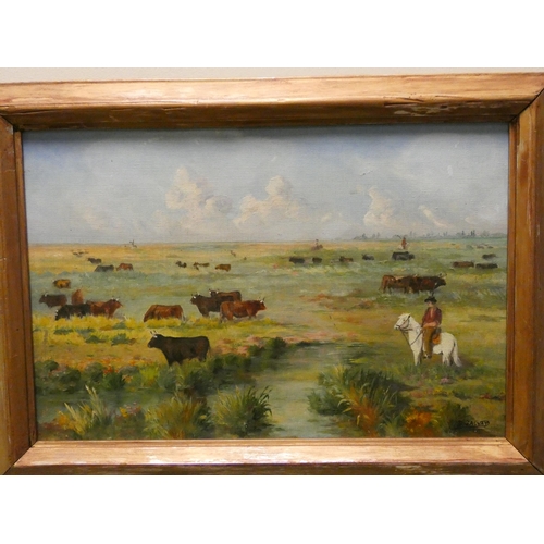 21 - B Salvat, of a cowboy herding cattle in the Camargue, framed, signed lower right, image size 10 1/2