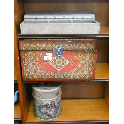 42 - A decorative lacquered box, stripped wooden cash box and a map of the world barrel shaped box