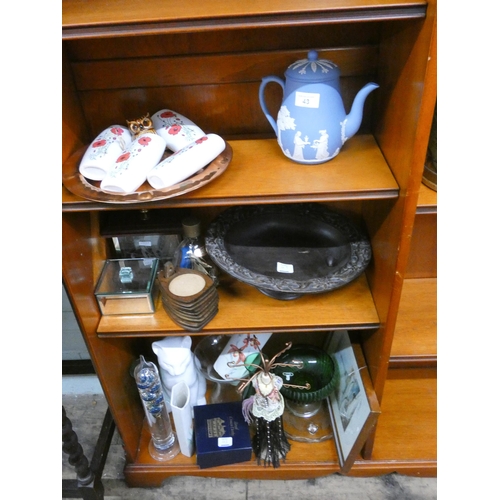 43 - Wedgwood Jasper ware teapot, assorted ornamental china, glassware, wooden bowl and other items