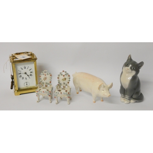 180 - A French gilt brass carriage clock with key, Beswick pig, Royal Copenhagen cat and a pair of floral ... 