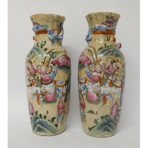 182 - A pair of Japanese crackleware frilled rim Satsuma style vases, 26cms tall, impressed seal mark to t... 