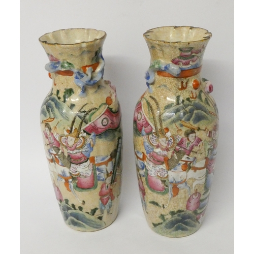 182 - A pair of Japanese crackleware frilled rim Satsuma style vases, 26cms tall, impressed seal mark to t... 