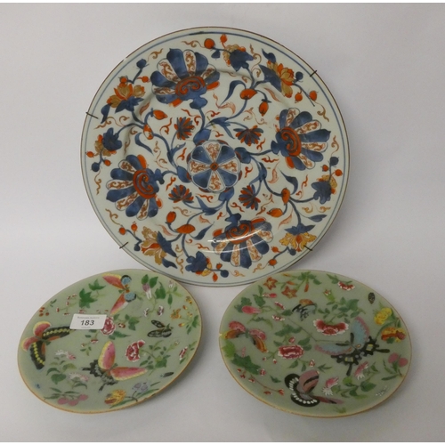 183 - 19th century Japanese Imari wall charger and a pair of Famille Verte plates and a baluster vase, Ima... 