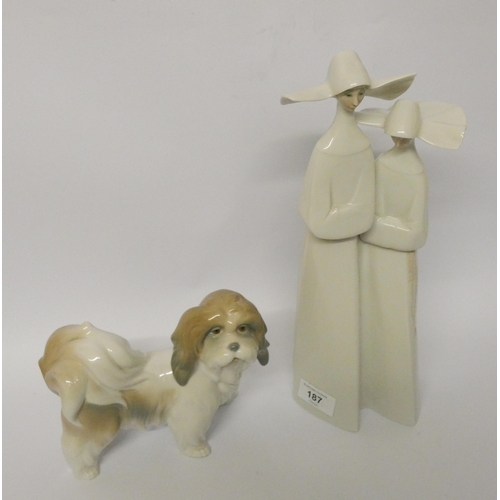 187 - Lladro - A pair of Nuns and a Lladro figure of a terrier dog